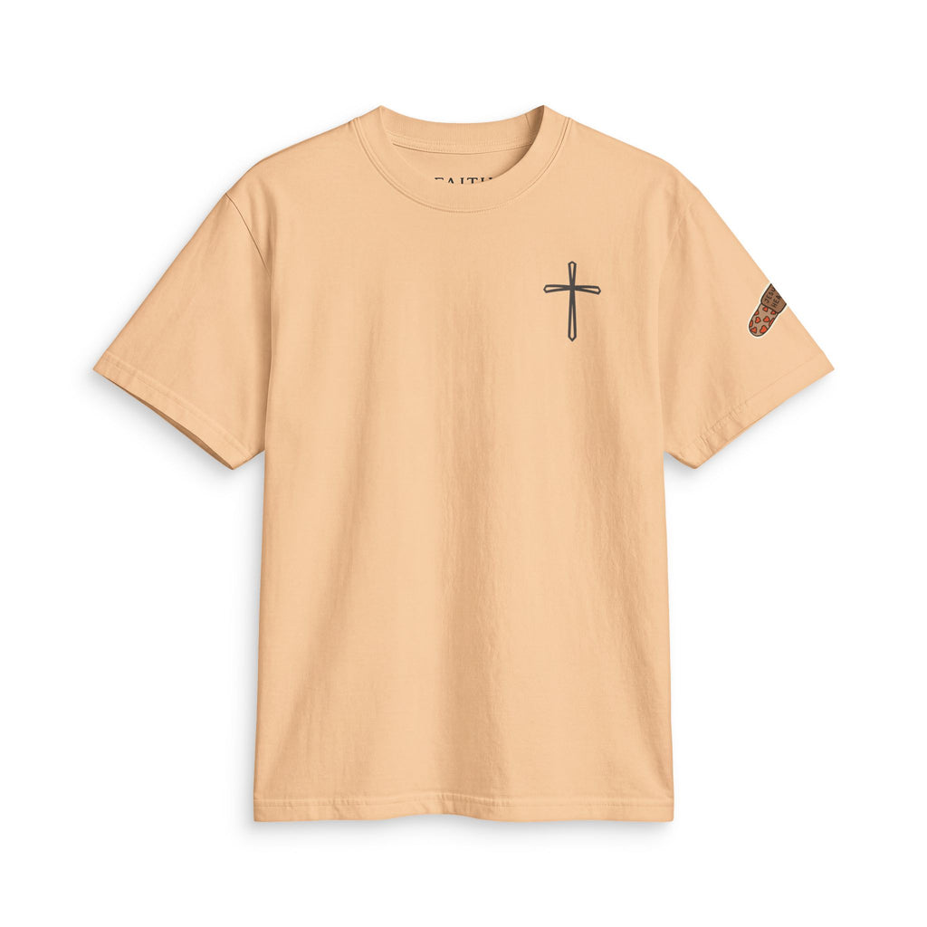 Minimal Cross Tee — Small Chest Cross & "Jesus Heals" Sleeve Patch