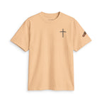 Minimal Cross Tee — Small Chest Cross & "Jesus Heals" Sleeve Patch