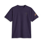 Minimal Cross Tee — Small Chest Cross & "Jesus Heals" Sleeve Patch