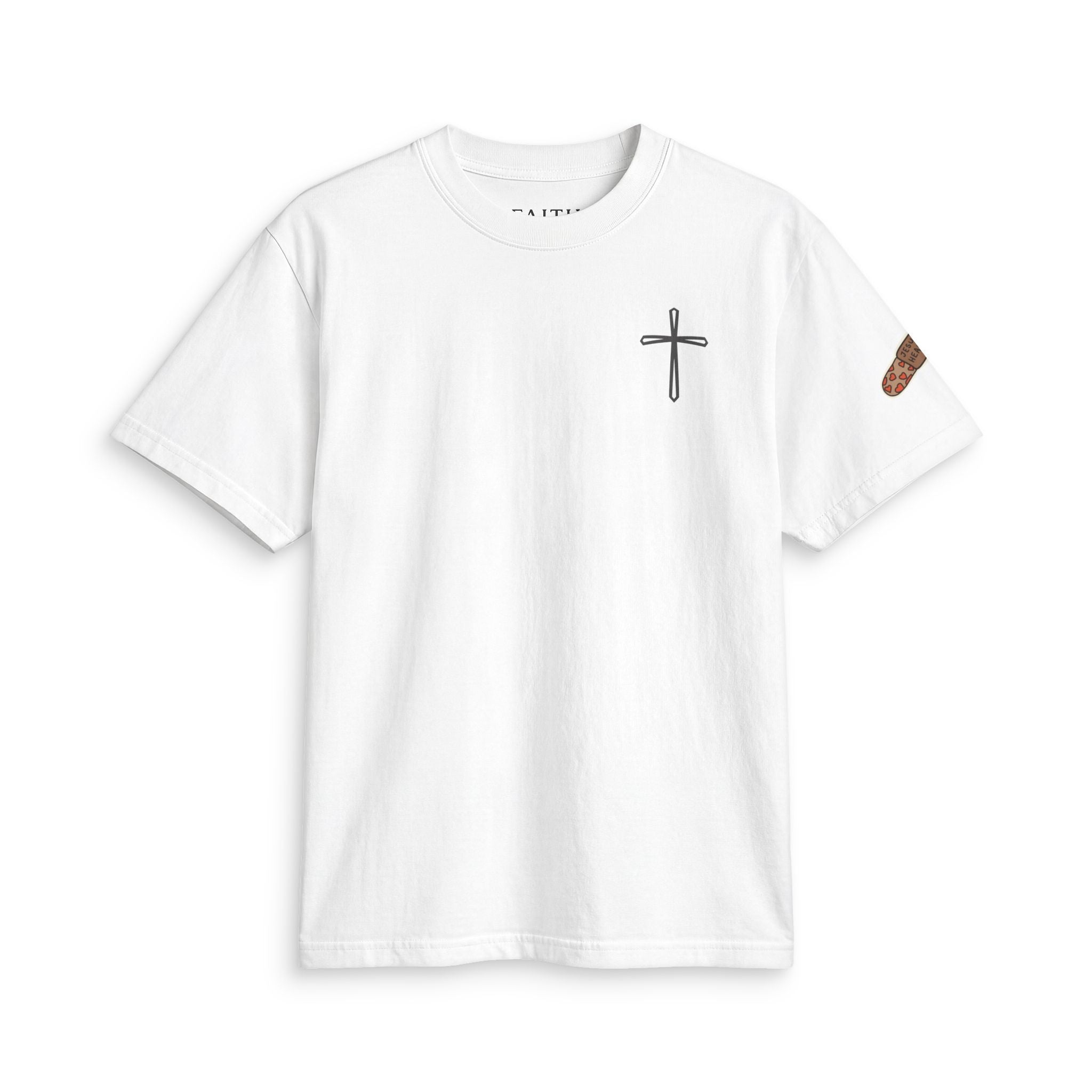 Minimal Cross Tee — Small Chest Cross & "Jesus Heals" Sleeve Patch