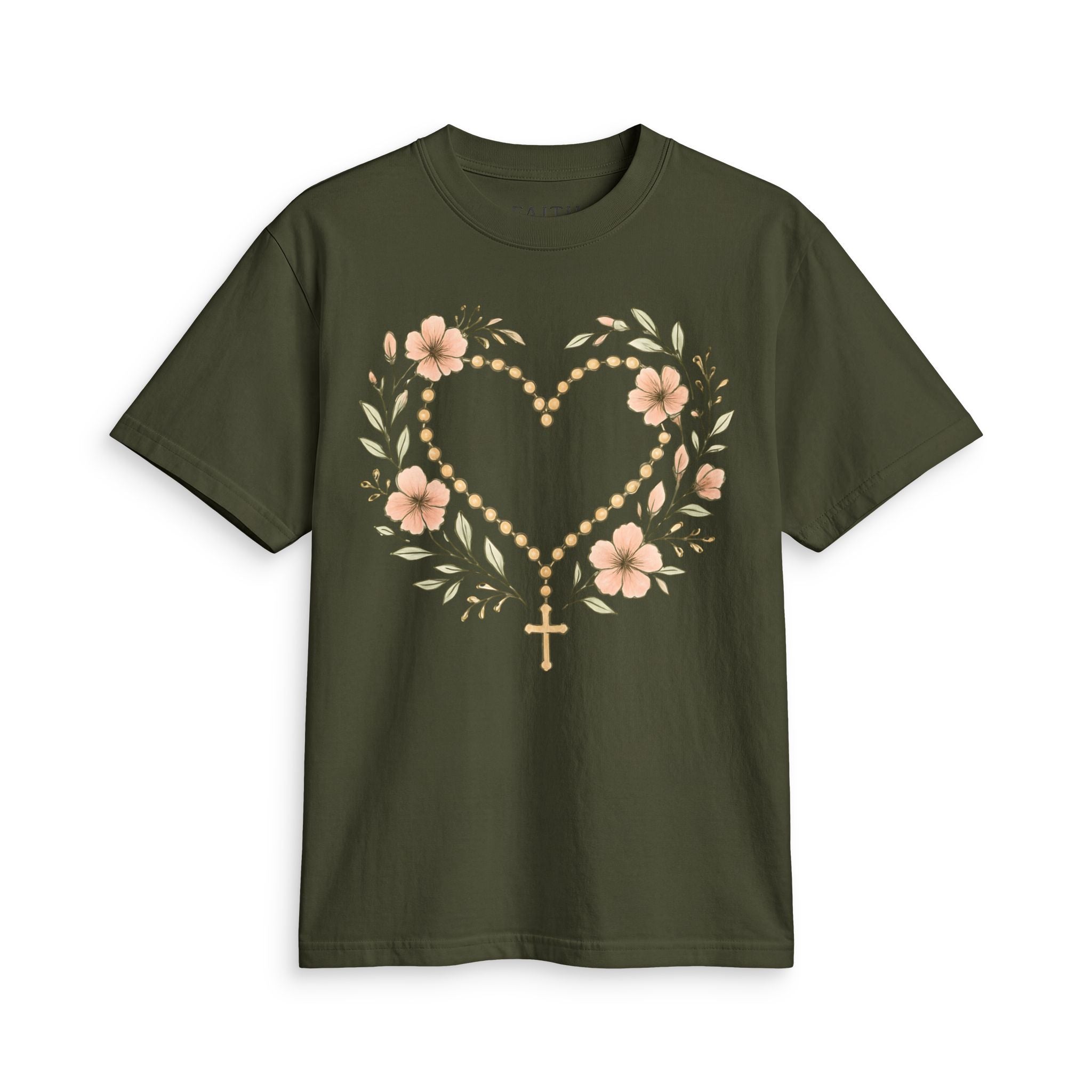 Floral Rosary Heart T-Shirt — Faith-Inspired Floral Tee