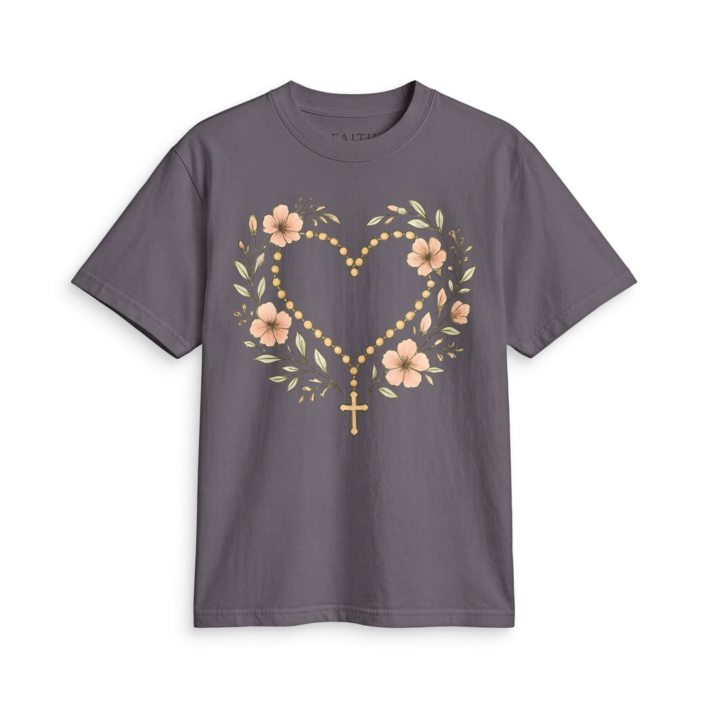 Floral Rosary Heart T-Shirt — Faith-Inspired Floral Tee