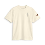 Minimal Cross Tee — Small Chest Cross & "Jesus Heals" Sleeve Patch