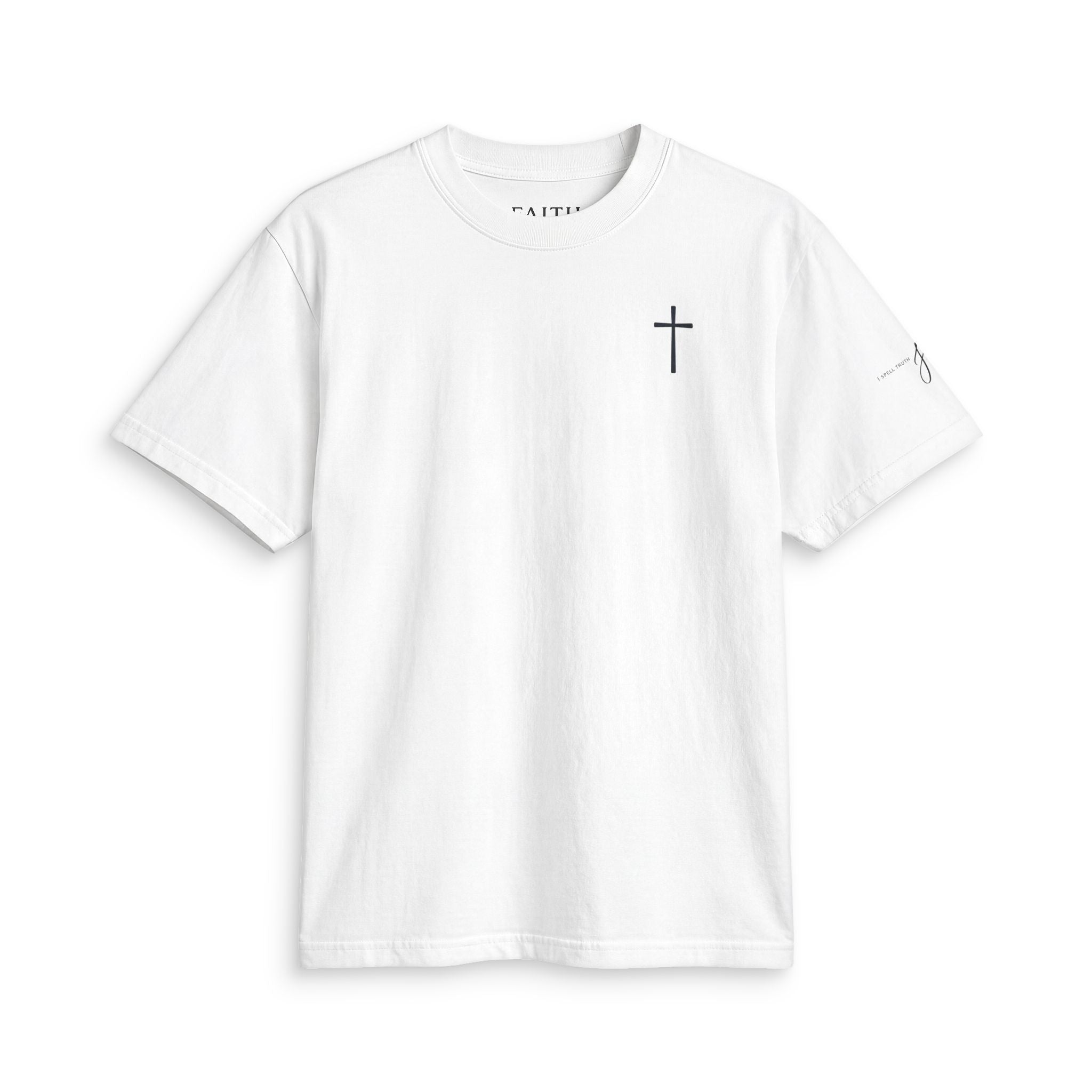 Minimal Faith Active T-Shirt — Tiny Tonal Cross & "I Spell Truth Jesus" Sleeve
