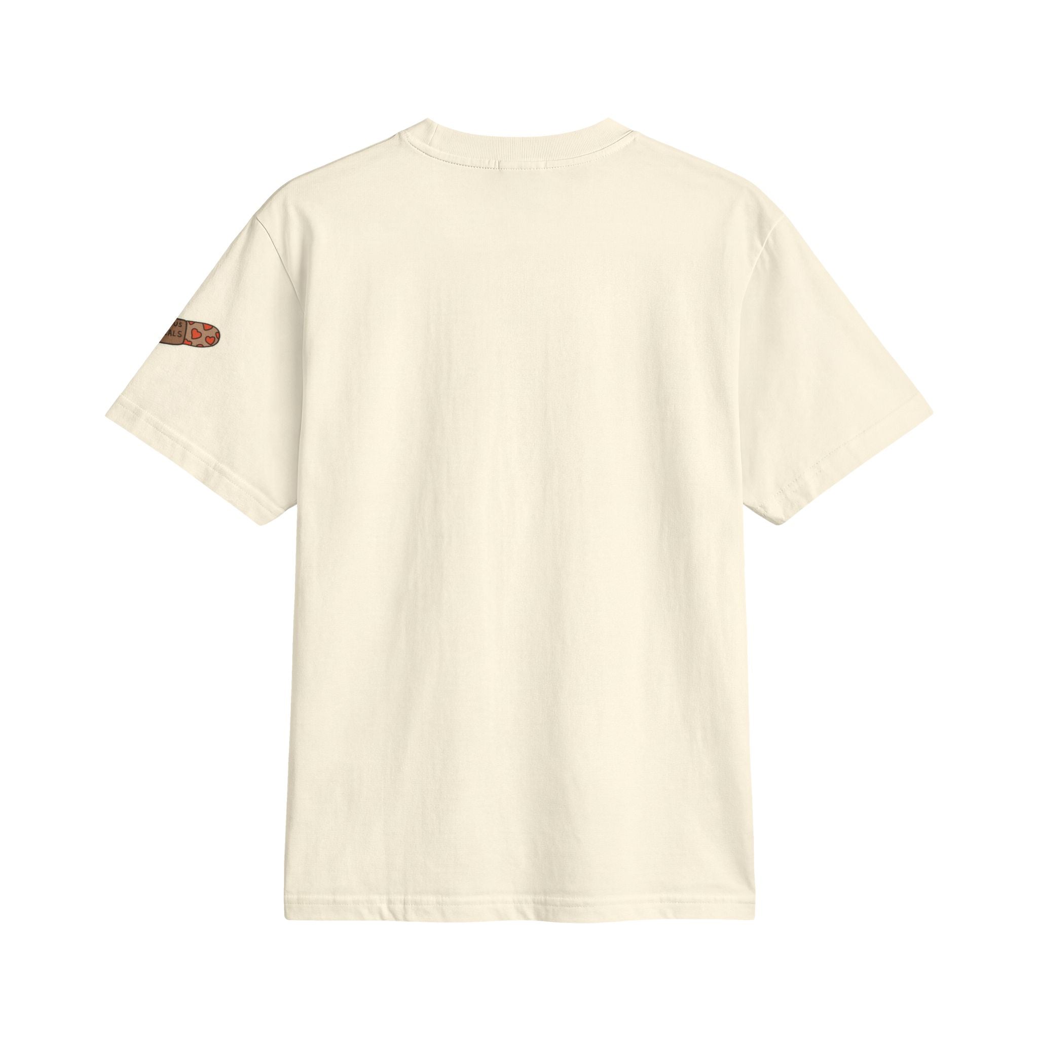 Minimal Cross Tee — Small Chest Cross & "Jesus Heals" Sleeve Patch