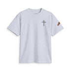 Minimal Cross Tee — Small Chest Cross & "Jesus Heals" Sleeve Patch