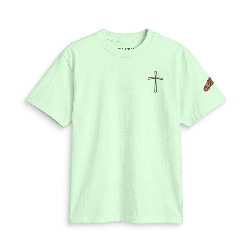 Minimal Cross Tee — Small Chest Cross & "Jesus Heals" Sleeve Patch