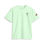 Minimal Cross Tee — Small Chest Cross & "Jesus Heals" Sleeve Patch