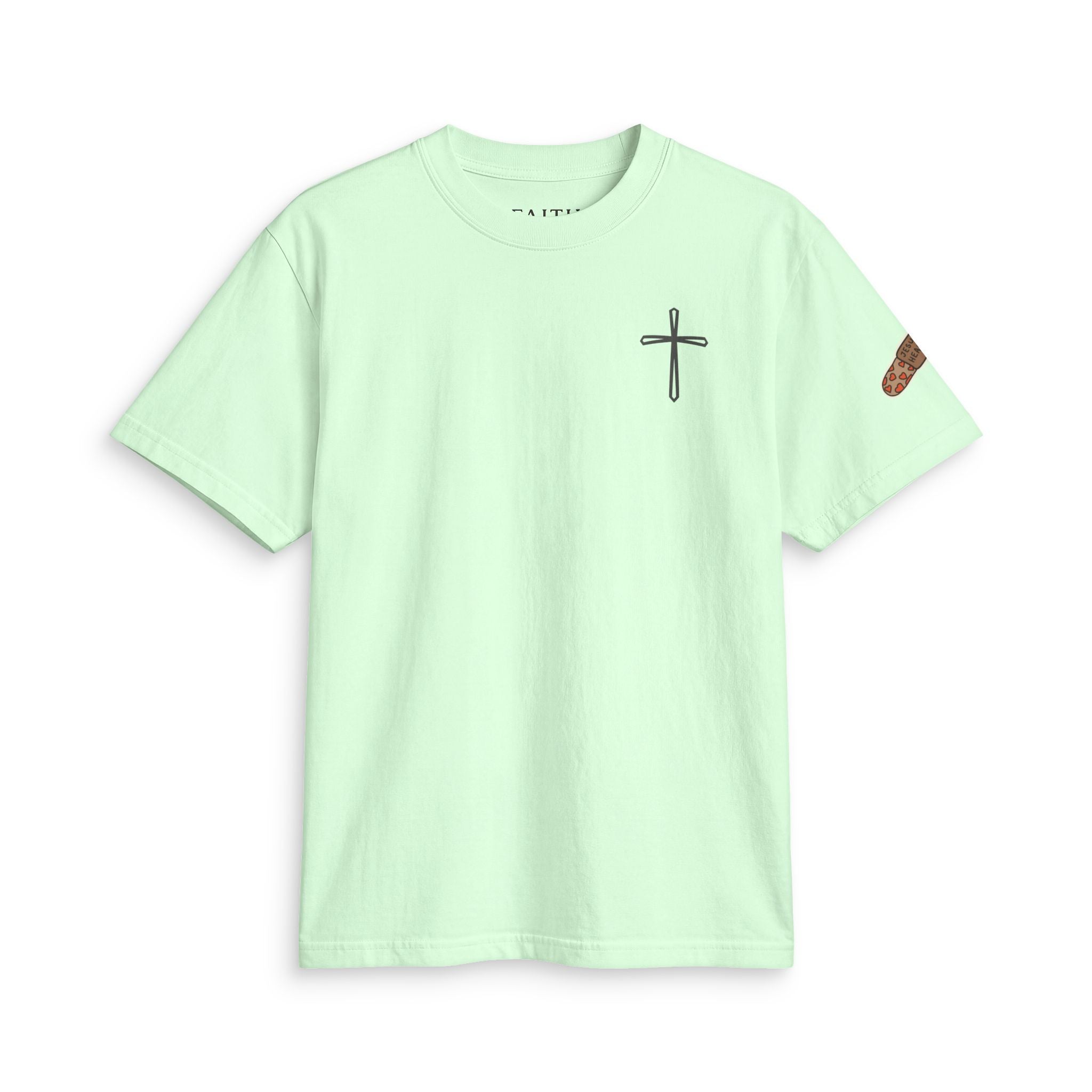 Minimal Cross Tee — Small Chest Cross & "Jesus Heals" Sleeve Patch
