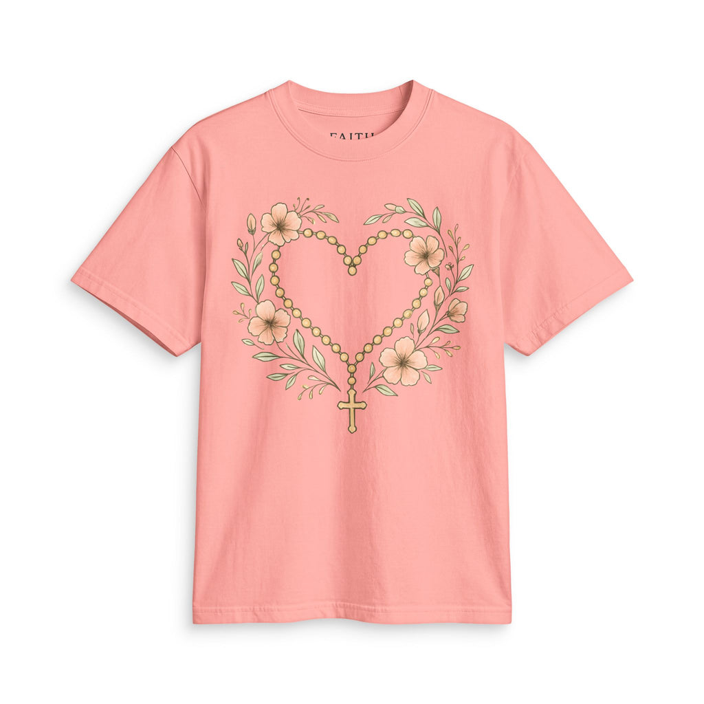 Floral Rosary Heart T-Shirt — Faith-Inspired Floral Tee