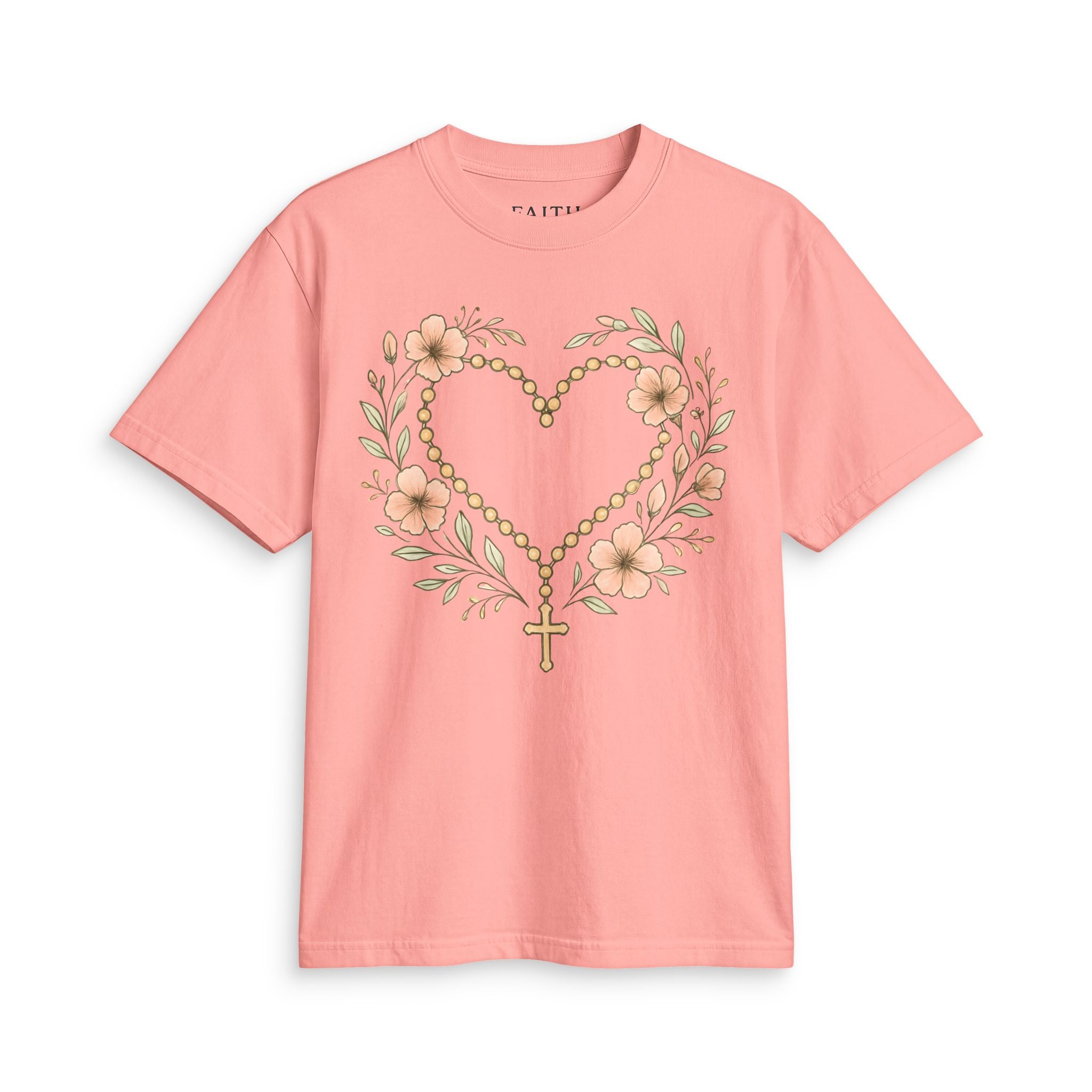Floral Rosary Heart T-Shirt — Faith-Inspired Floral Tee