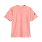 Minimal Cross Tee — Small Chest Cross & "Jesus Heals" Sleeve Patch