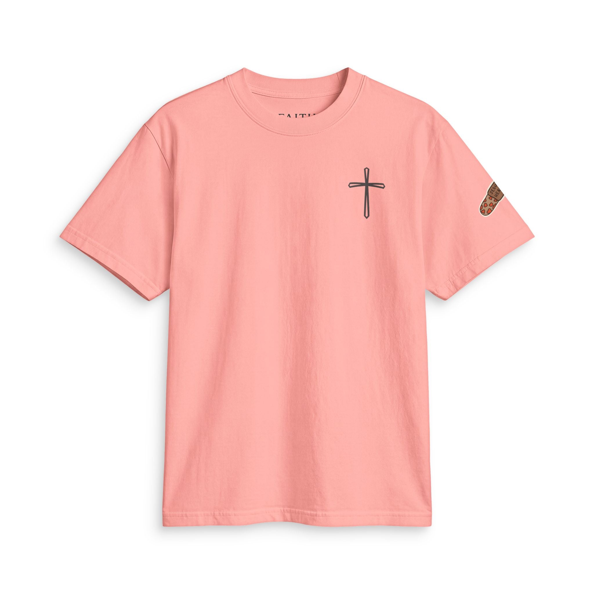 Minimal Cross Tee — Small Chest Cross & "Jesus Heals" Sleeve Patch