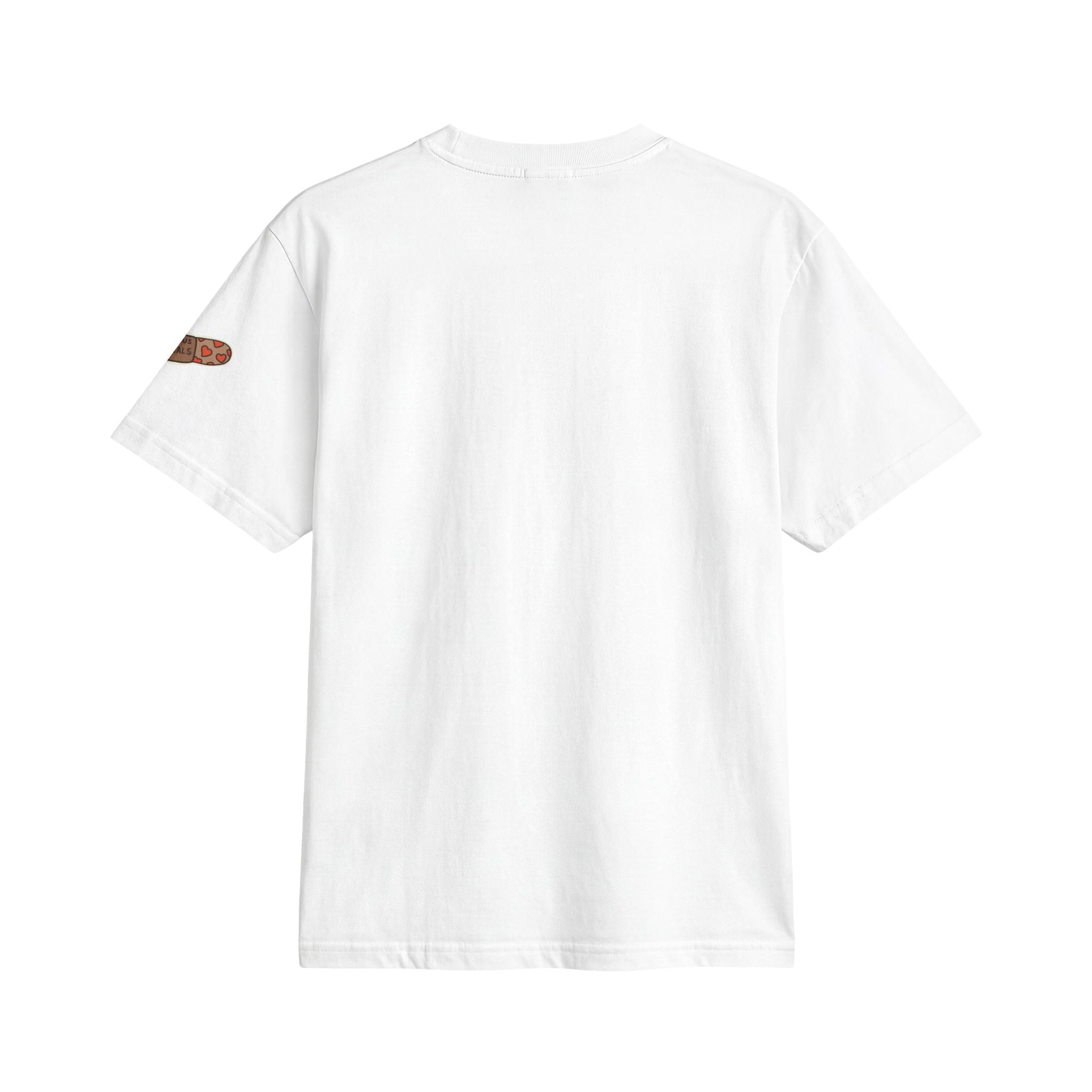 Minimal Cross Tee — Small Chest Cross & "Jesus Heals" Sleeve Patch