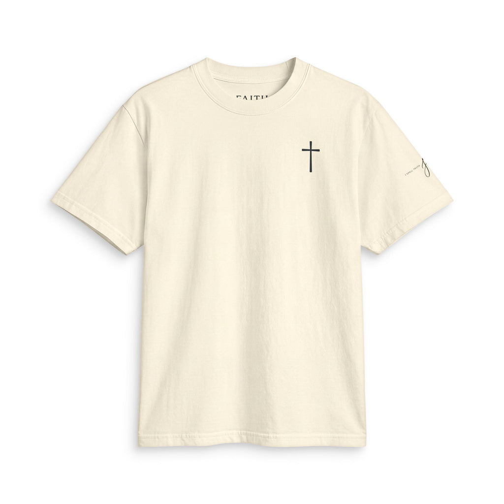 Minimal Faith Active T-Shirt — Tiny Tonal Cross & "I Spell Truth Jesus" Sleeve