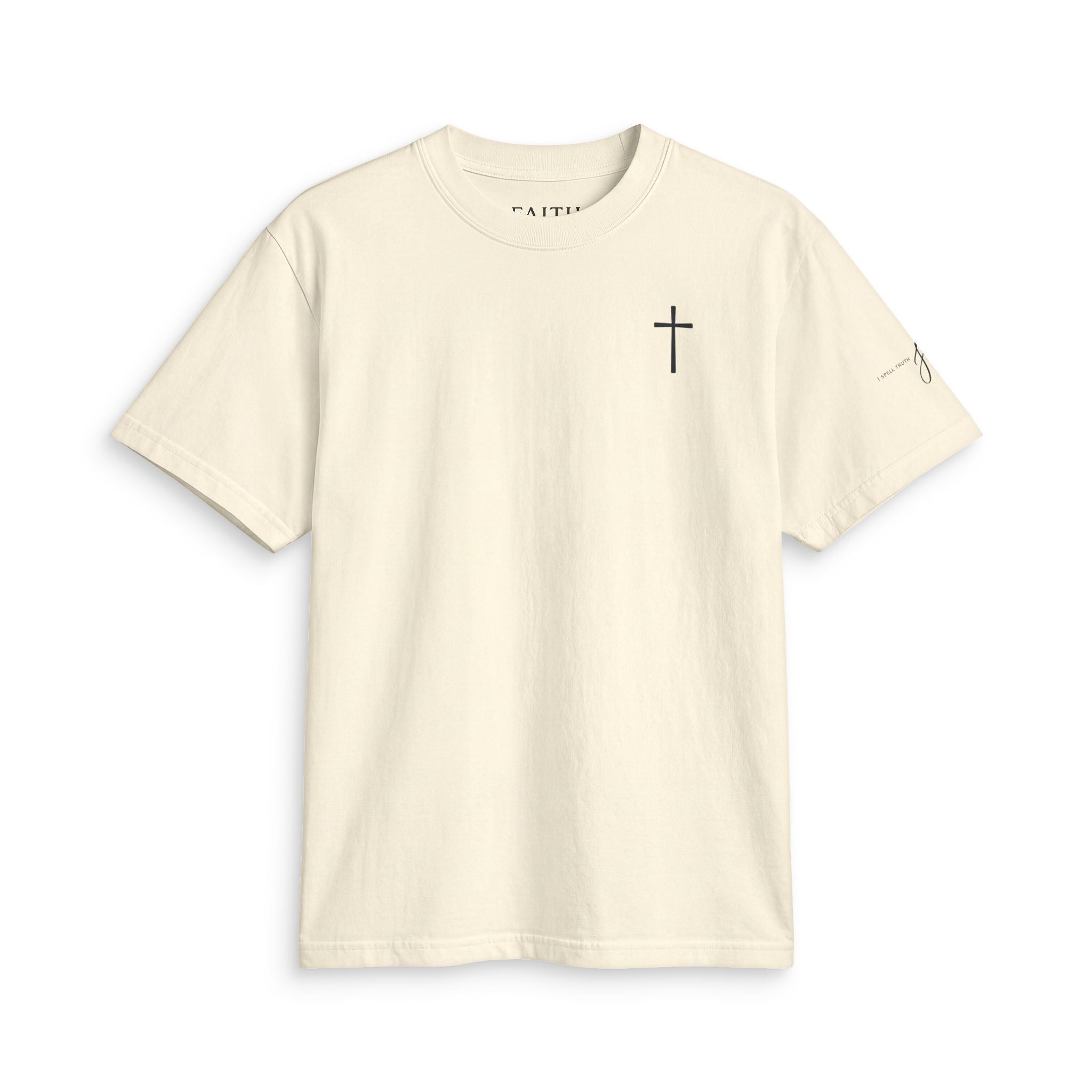 Minimal Faith Active T-Shirt — Tiny Tonal Cross & "I Spell Truth Jesus" Sleeve